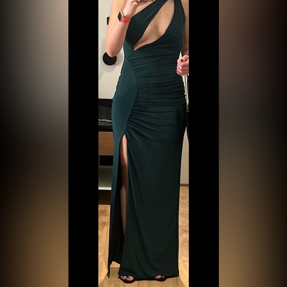 Until Dawn | Bottle Green One Shoulder Ruched Front Cut Out Maxi Dress - Picture 5 of 5